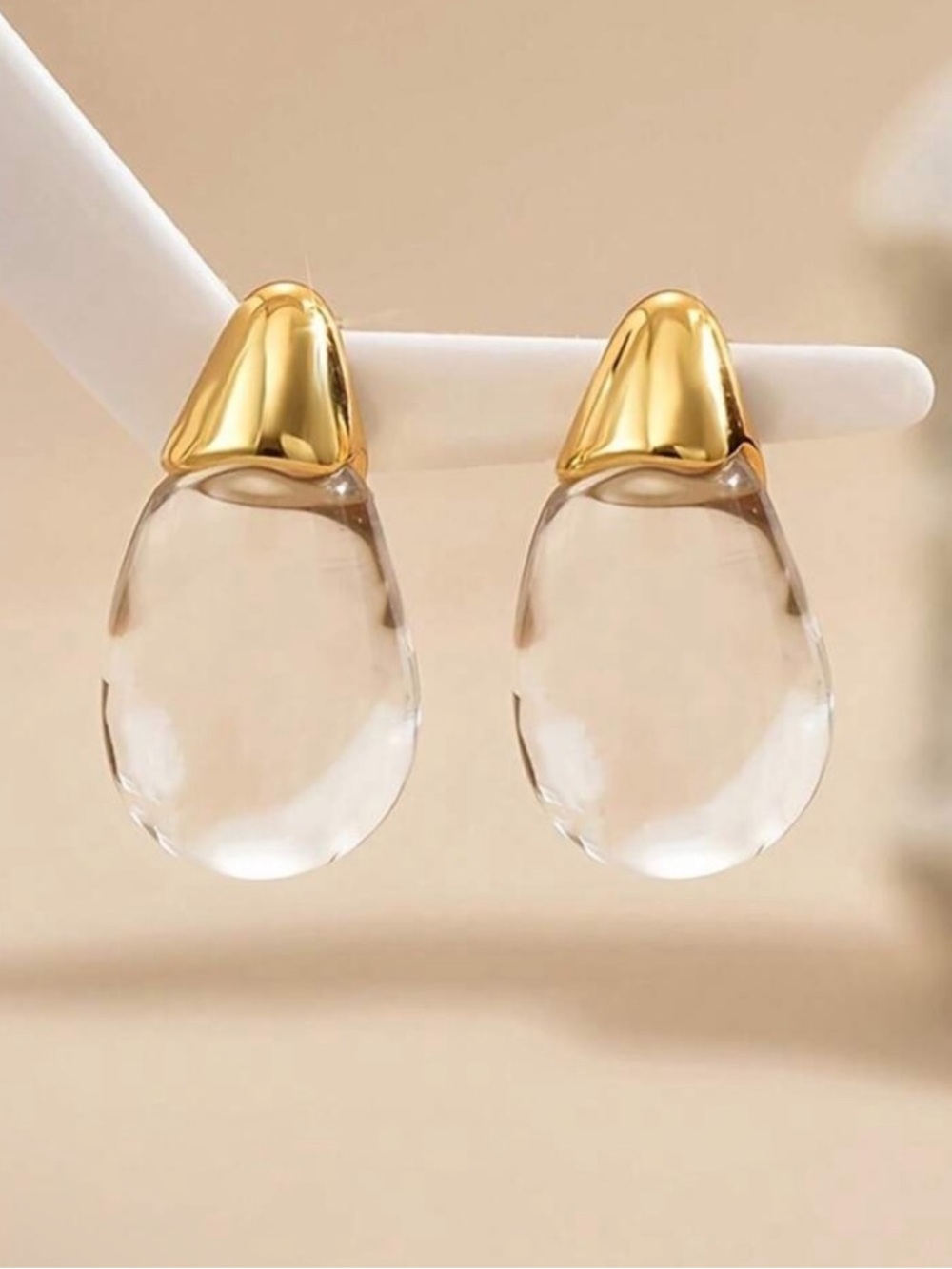 Clear Teardrop Earrings with Gold Tops